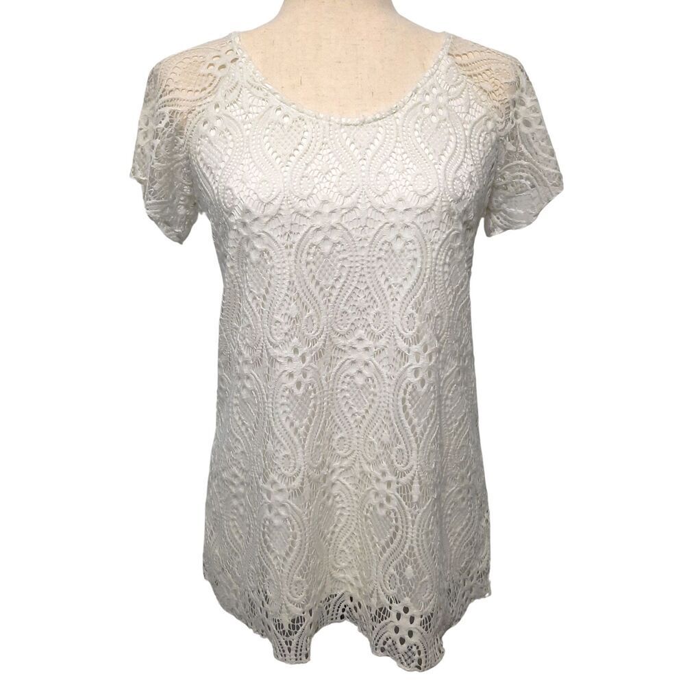 Brittany Black Womens Lace Top Size Small Sheer White Crochet Lined Romantic